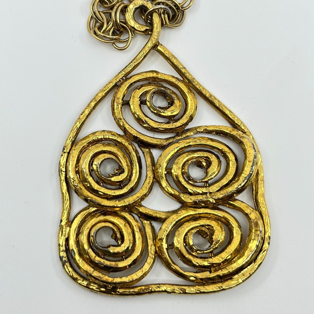 Vintage Gold Tone Wire Swirl Bell Pendant Double Link Chain Necklace Runway Boho - Picture 6 of 10